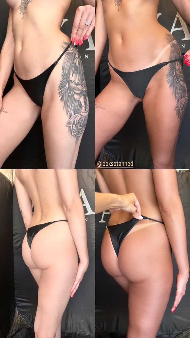 Four-panel before and after comparison of hips and glutes following an AMBREA spray tan